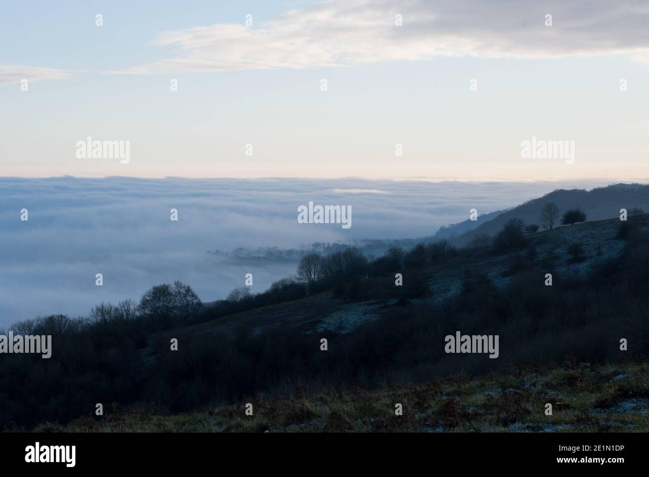 Looking down on a cloud inversion on frosty winters day in the ...