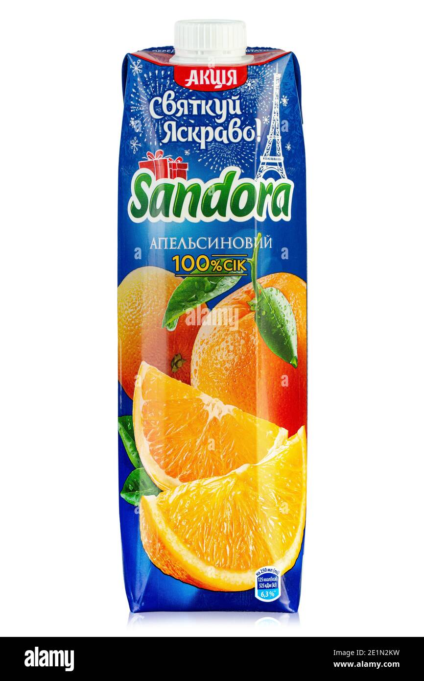 Ukraine, Kyiv December 21. 2020 Sandora brand orange juice packaging