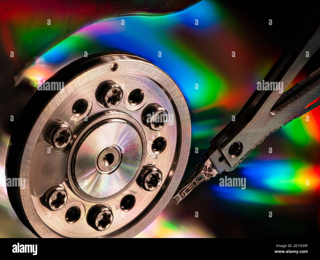 Macro of an open computer hard drive with the read/write head Stock Photo
