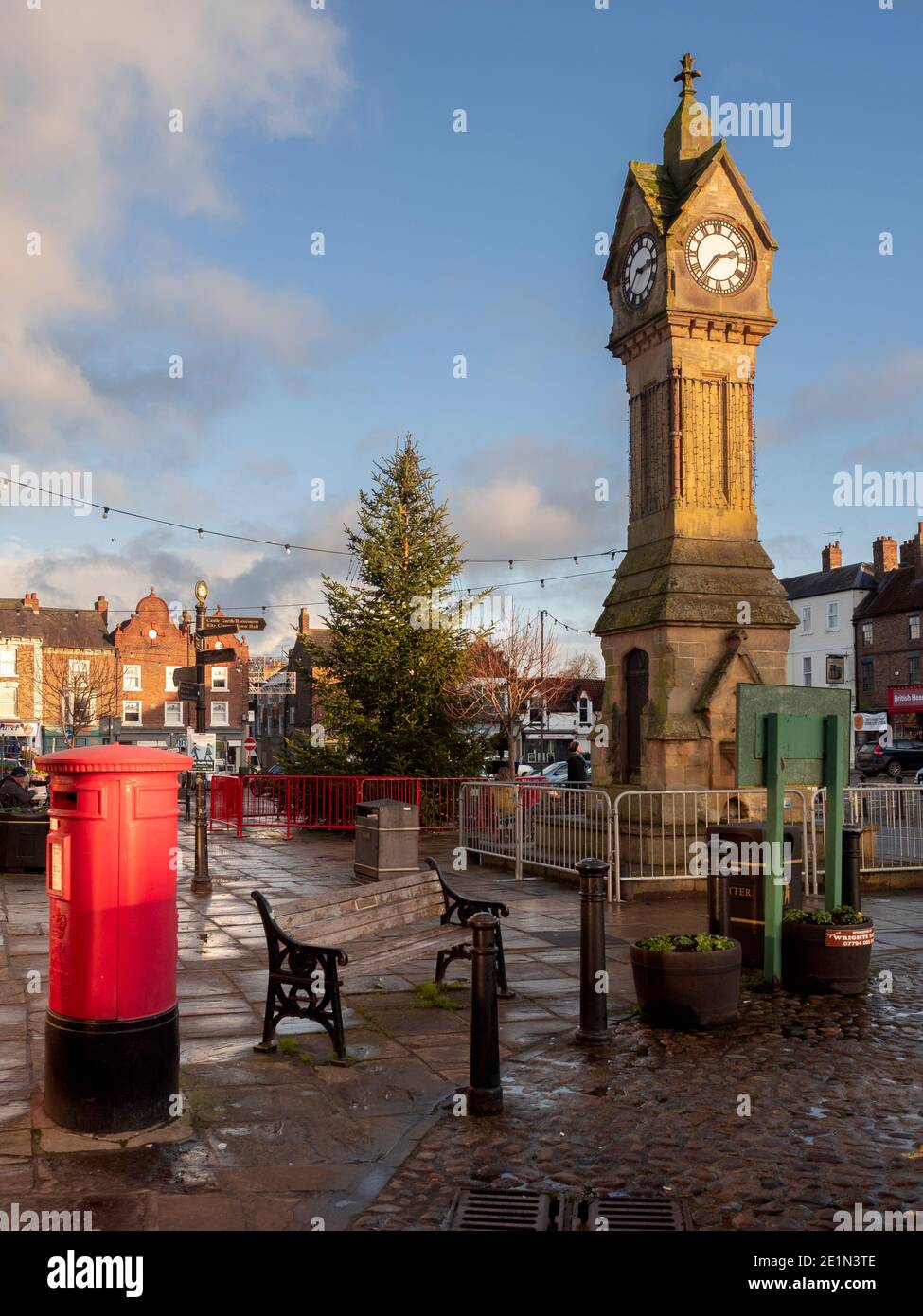 Clock tower and Christmas tree in Market Square, Thirsk. North