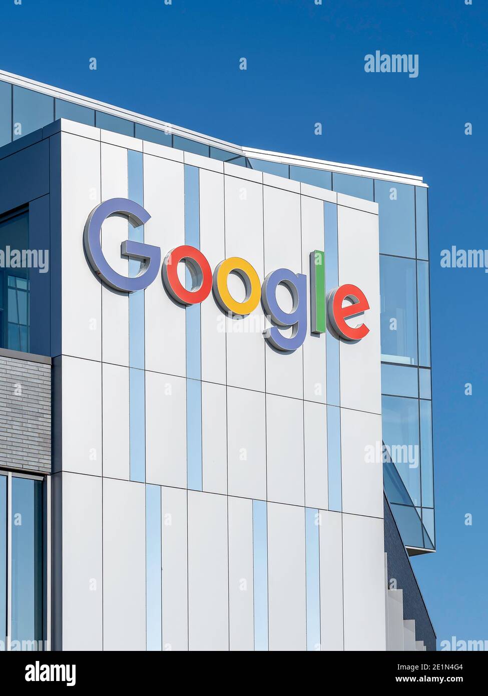 Kitchener, Ontario, Canada – September 30, 2019:  Close up of  Google sign is seen on the Google Canada Kitchener-Waterloo office buildings. Stock Photo