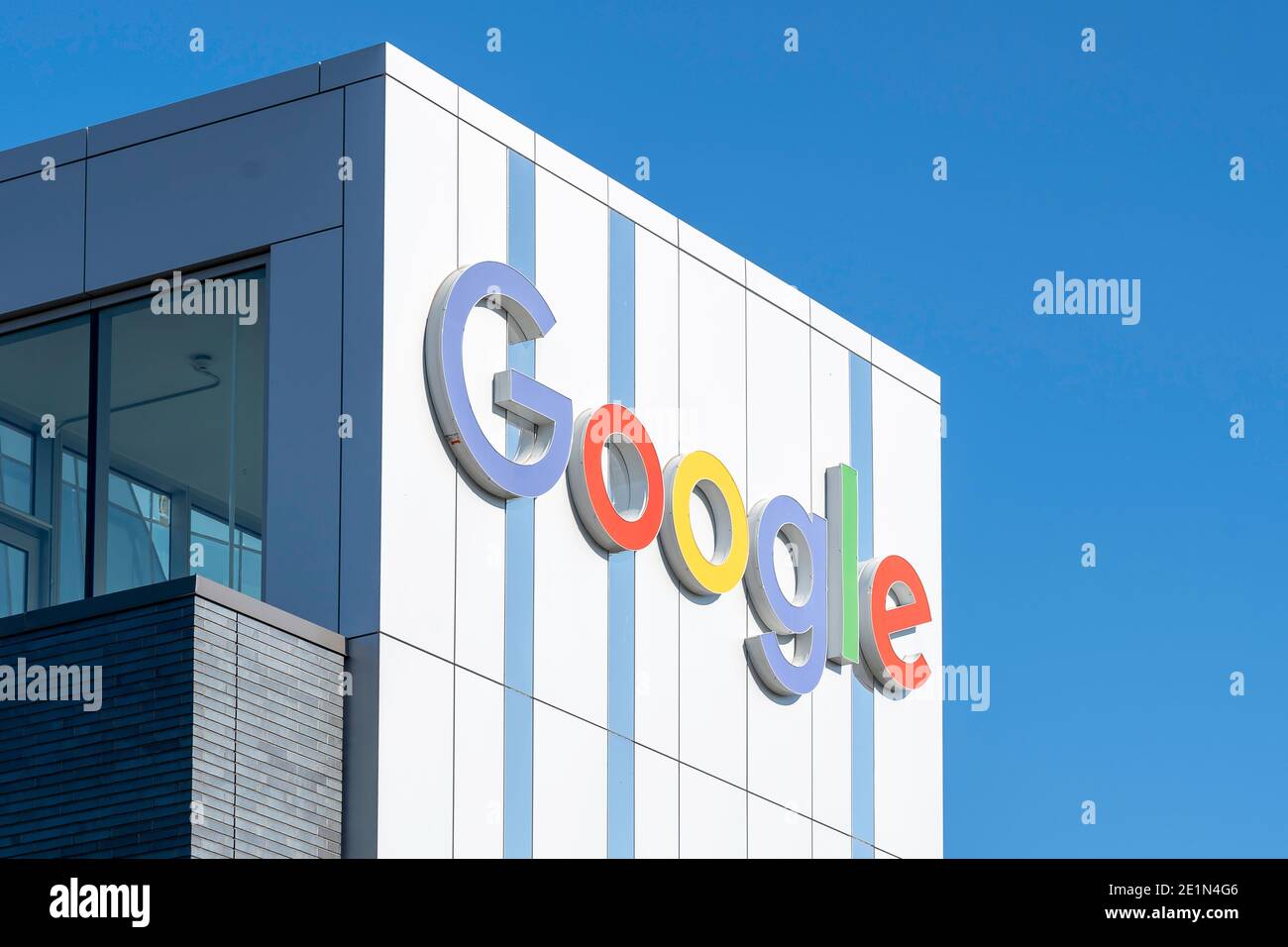 Kitchener, Ontario, Canada – September 30, 2019:  Close up of  Google sign is seen on the Google Canada Kitchener-Waterloo office buildings. Stock Photo