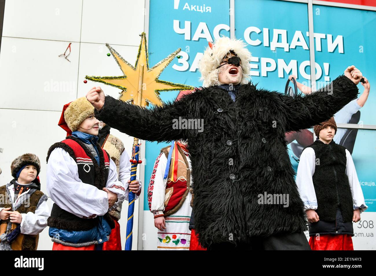Non Exclusive: ZAPORIZHZHIA, UKRAINE - JANUARY 7, 2021 - A boy acting as the devil is pictured during the performance by the students of the Spas Zapo Stock Photo