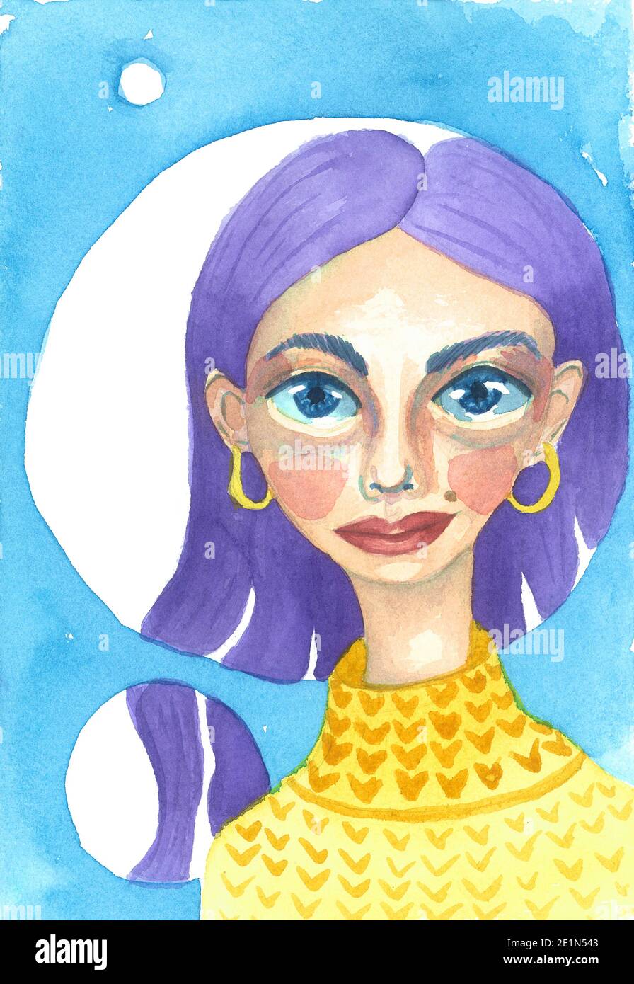 Portrait, Icon of beautiful female cartoon face with earrings. Illustration. Stock Photo