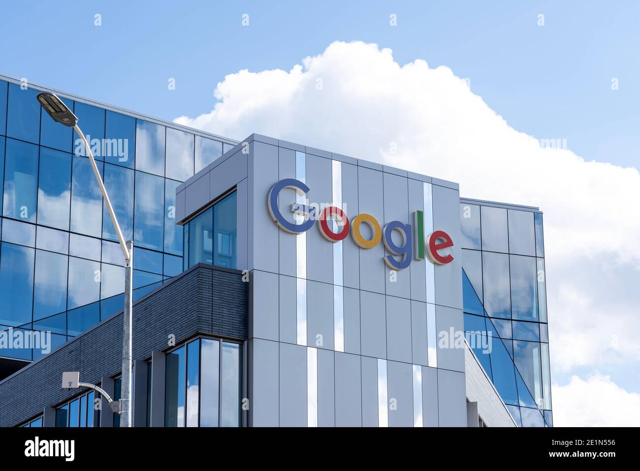 Kitchener-Waterloo, On, Canada - October 17, 2020: Google sign is seen on the office building in Kitchener-Waterloo, Ontario, Canada Stock Photo