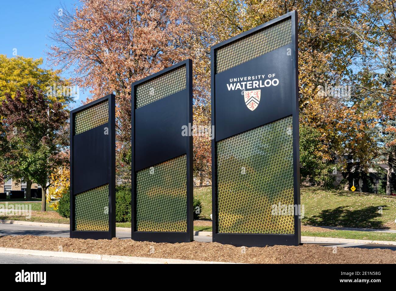 Waterloo, On, Canada - October 17, 2020: University of Waterloo (UW) pylon sign is seen at the main campus entrance in Waterloo, On, Canada Stock Photo