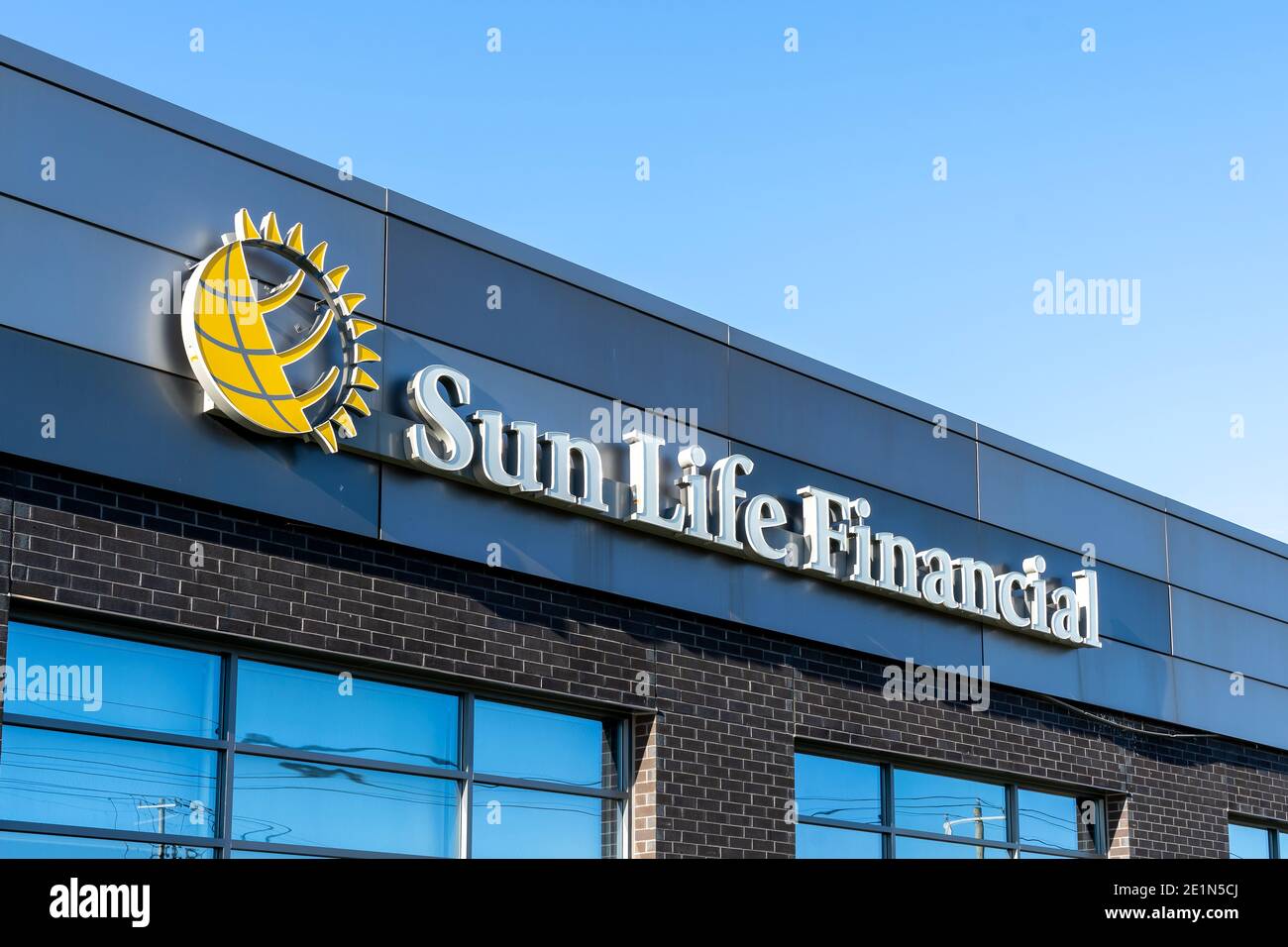 Waterloo, Ontario, Canada- October 17, 2020: Close up of Sun Life Financial sign is seen in Waterloo, Ontario, Canada. Stock Photo