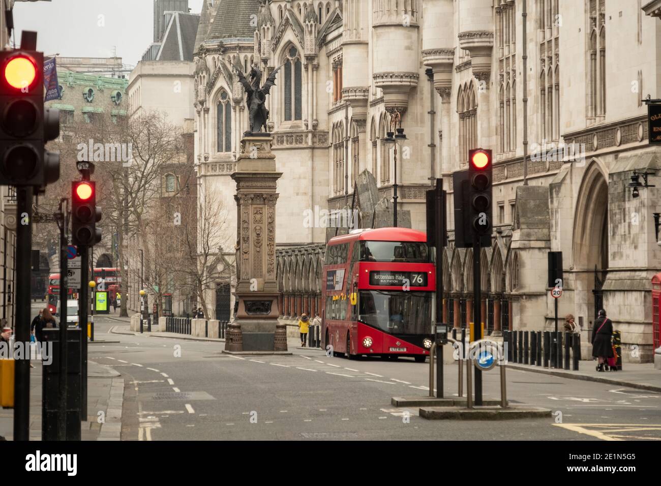 London, January 2021: Fleet Street and the Royal Courts of Justice. Empty street due to Covid 19 lockdown Stock Photo