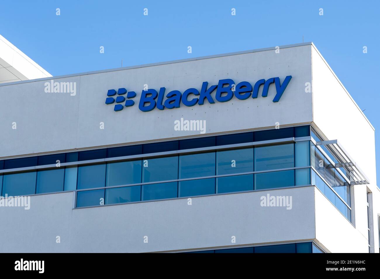 Waterloo, On, Canada - October 17, 2020: BlackBerry sign on their headquarters building is seen in Waterloo, Ontario, Canada. Stock Photo