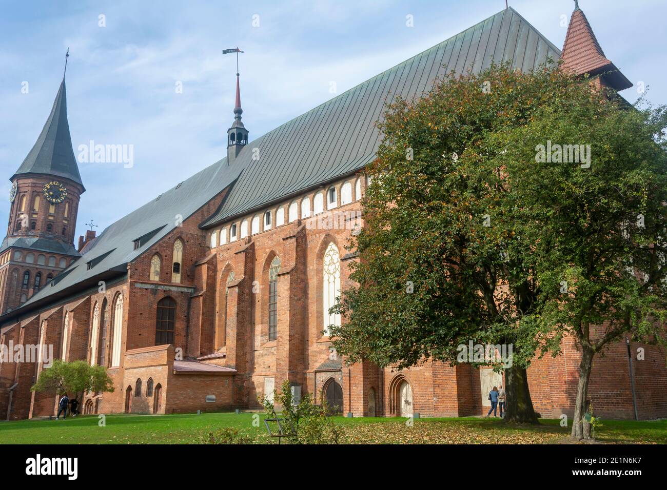 Kaliningrad, Russia - September 2020: Kaliningrad Cathedral on island of Kant, gothic temple. Selective focus, blurred background, fog view. Stock Photo