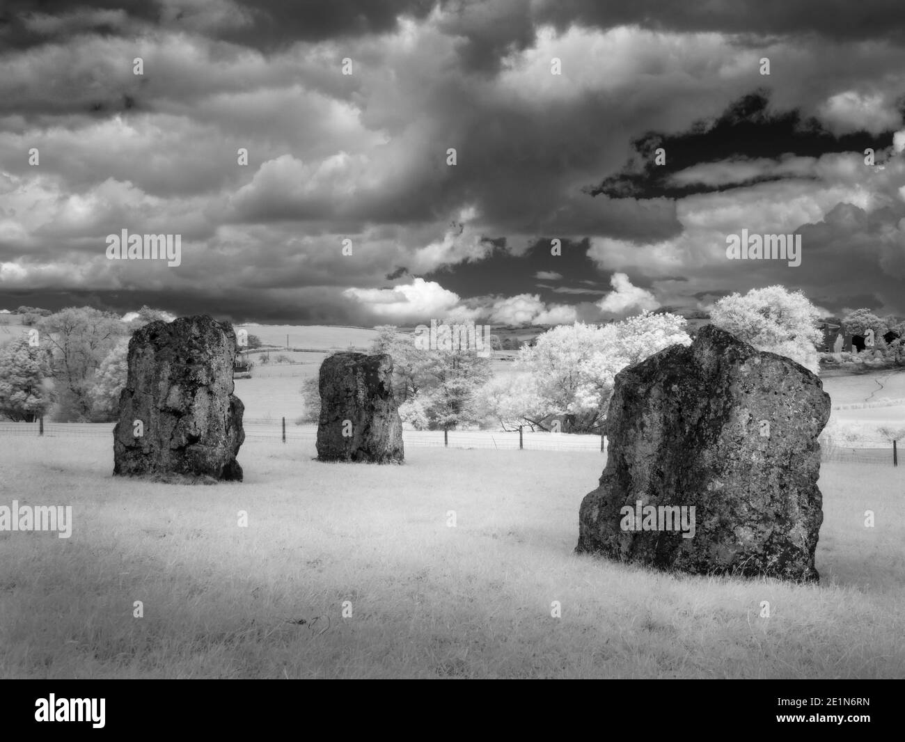 Black and white image of Stanton Drew Stone Circle in infrared, Somerset, England. Stock Photo