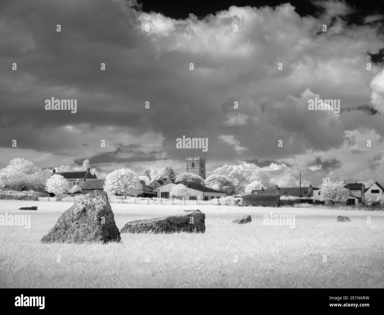 Black and white image of Stanton Drew Stone Circle in infrared, Somerset, England. Stock Photo