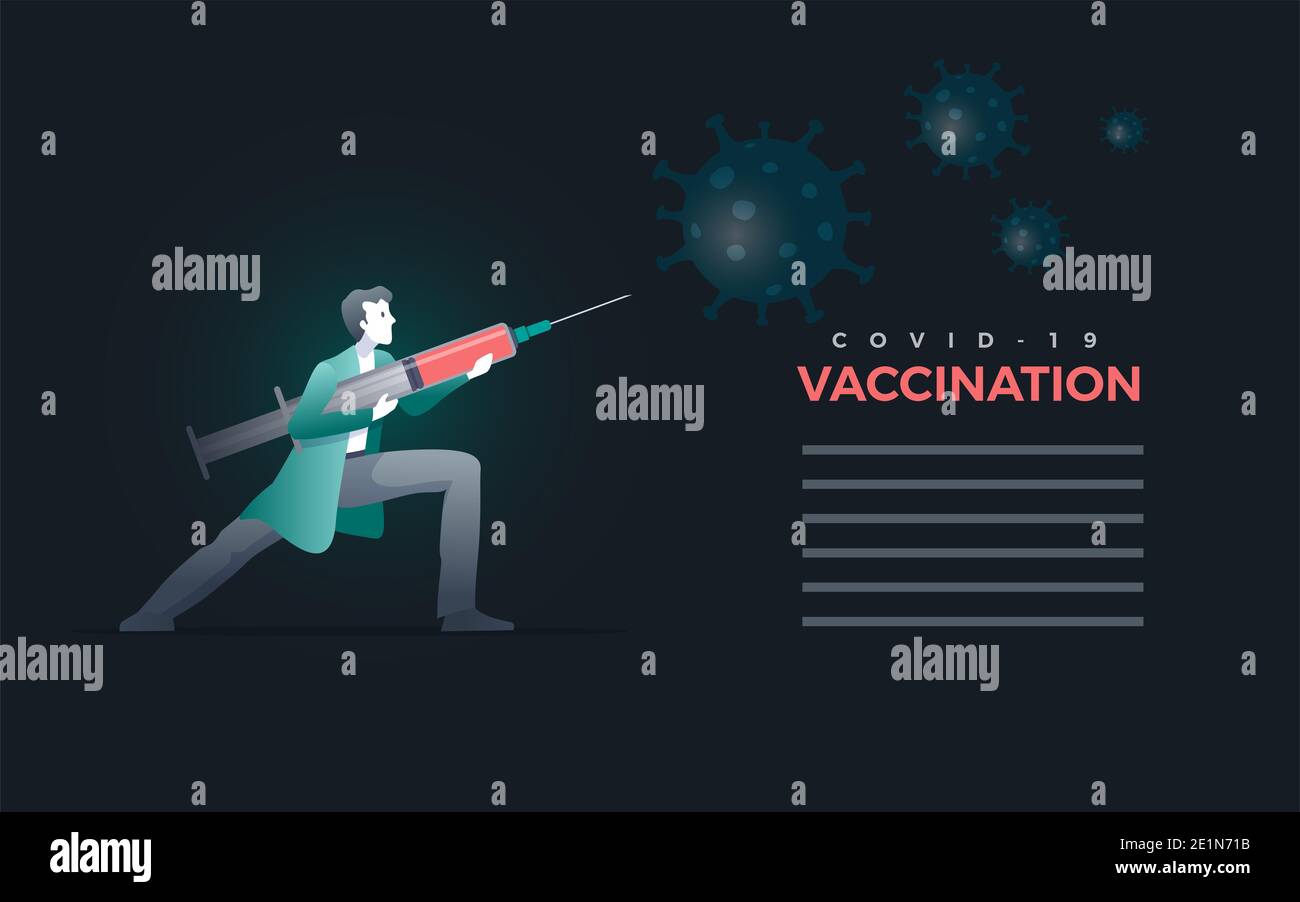 A doctor is holding a vaccine syringe and fighting coronavirus. Vector concept illustration. Vector design template. Stock Photo