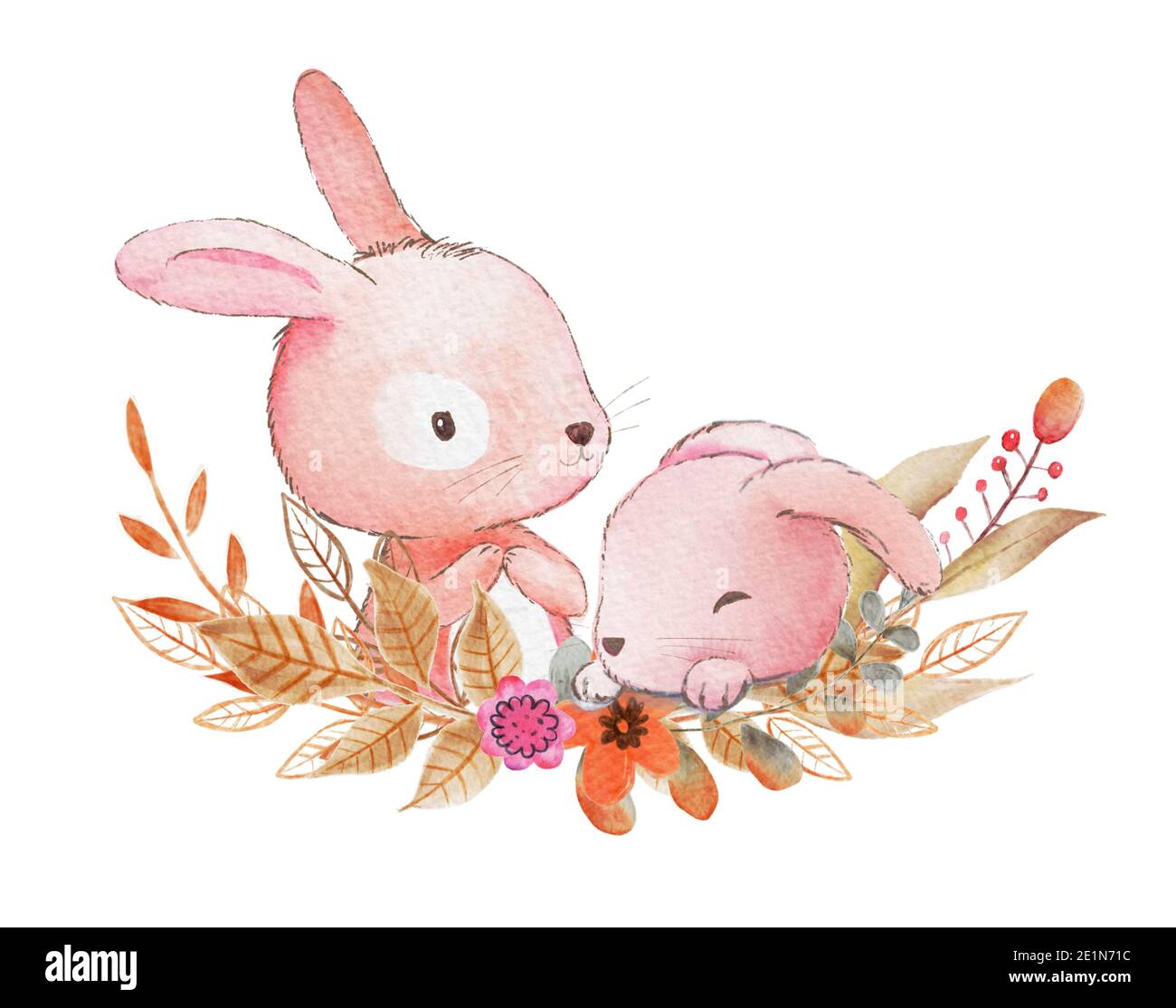 Card with two watercolor rabbits. Hand drawn watercolor bunny illustration. Stock Photo