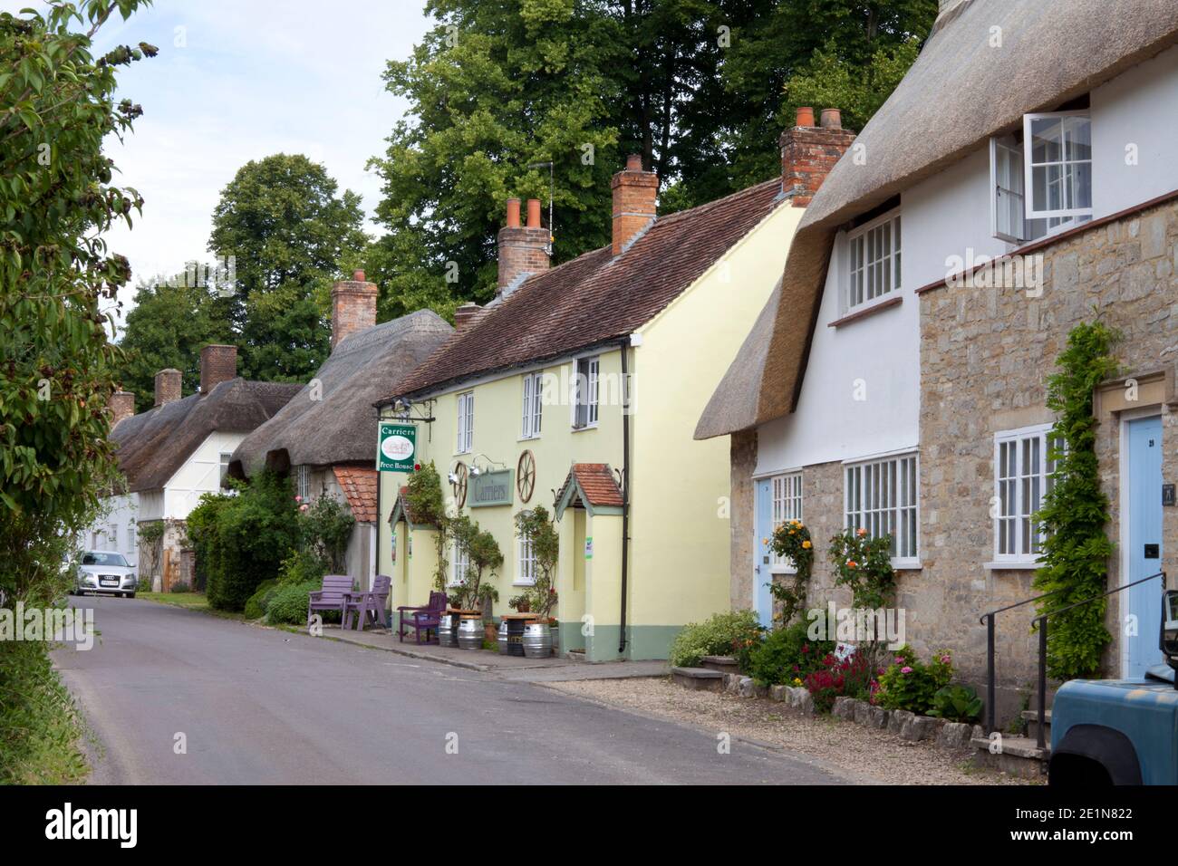 The main street in the village of Stockton, near Warminster in Wiltshire. Stock Photo