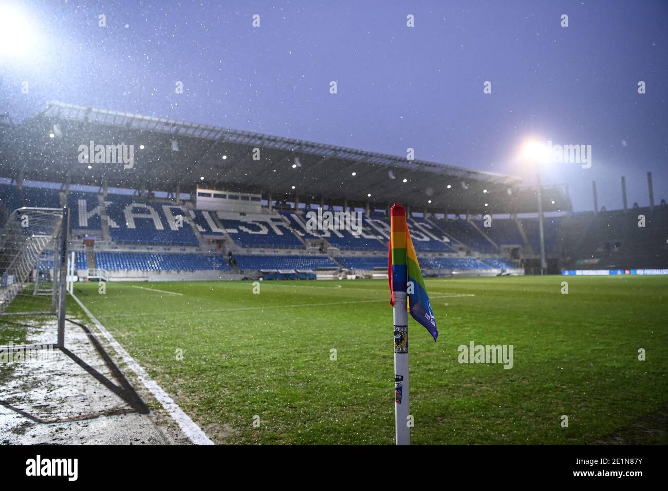 Corner Flag In The Colors Of The Pride Flag In Front Of The New Stands In The Wildpark Stadium Ges Football 2 Bundesliga Karlsruher Sc Greuther Furth 08 01 21 Football Soccer 2nd Division Karlsruhe