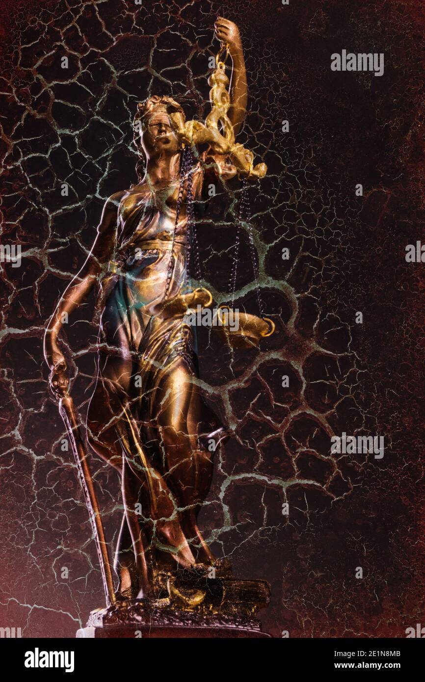 The abstract concept of justice entangled in corruption, a sculpture of Themis on a dark background entangled in networks of corruption. Vintage pictu Stock Photo