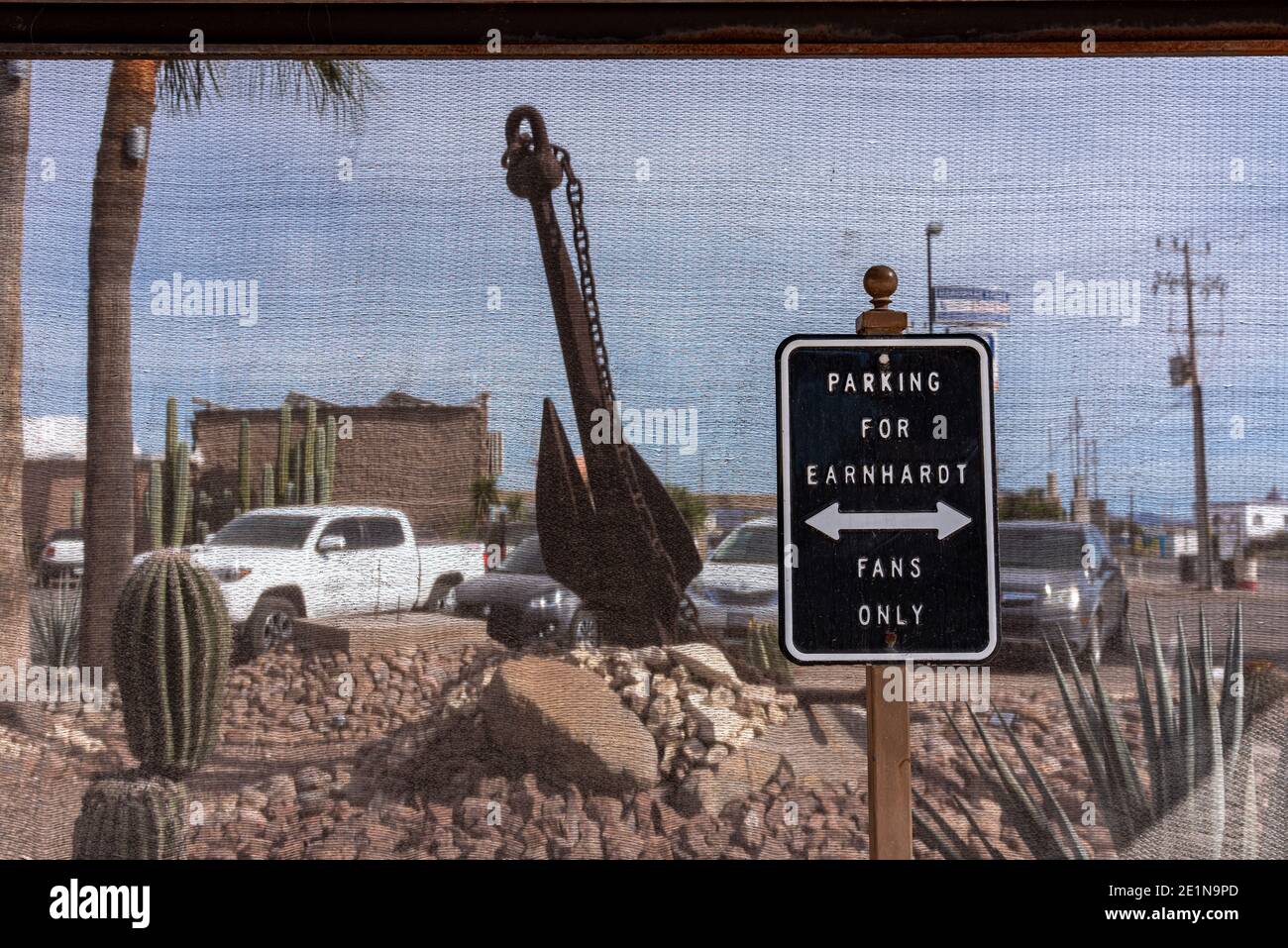 A novelty sign in a parking lot in San Carlos, Sonora, Mexico designates a parking spot for Earnheardt fans only. Stock Photo