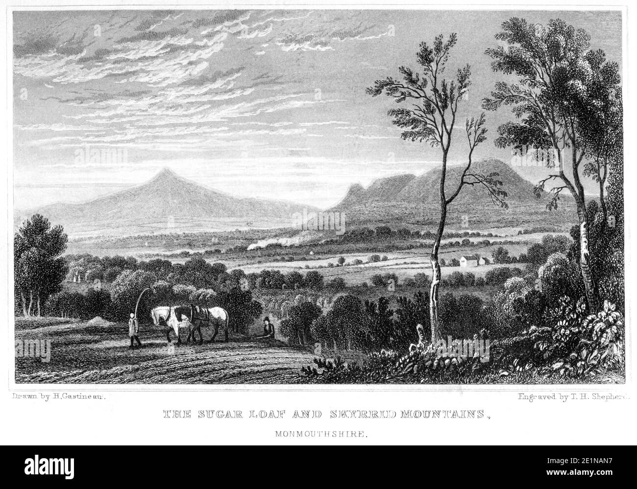An engraving of The Sugar Loaf and Skyrrid Mountains Monmouthshire scanned at high resolution from a book published in 1854. Believed copyright free. Stock Photo