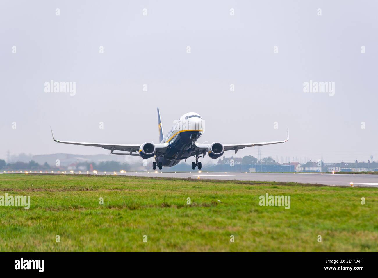 Final passenger flight departure from London Southend Airport, Essex, UK, due to the COVID 19, Coronavirus third lockdown. Departure to Malaga, Spain Stock Photo