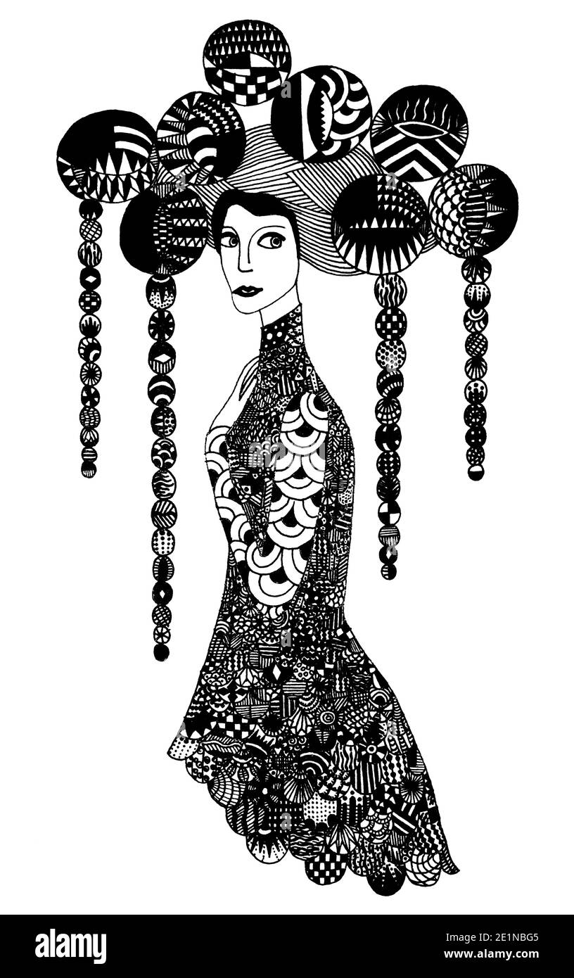 Abstract black and white drawing of woman with very difficult hairstyle Stock Photo