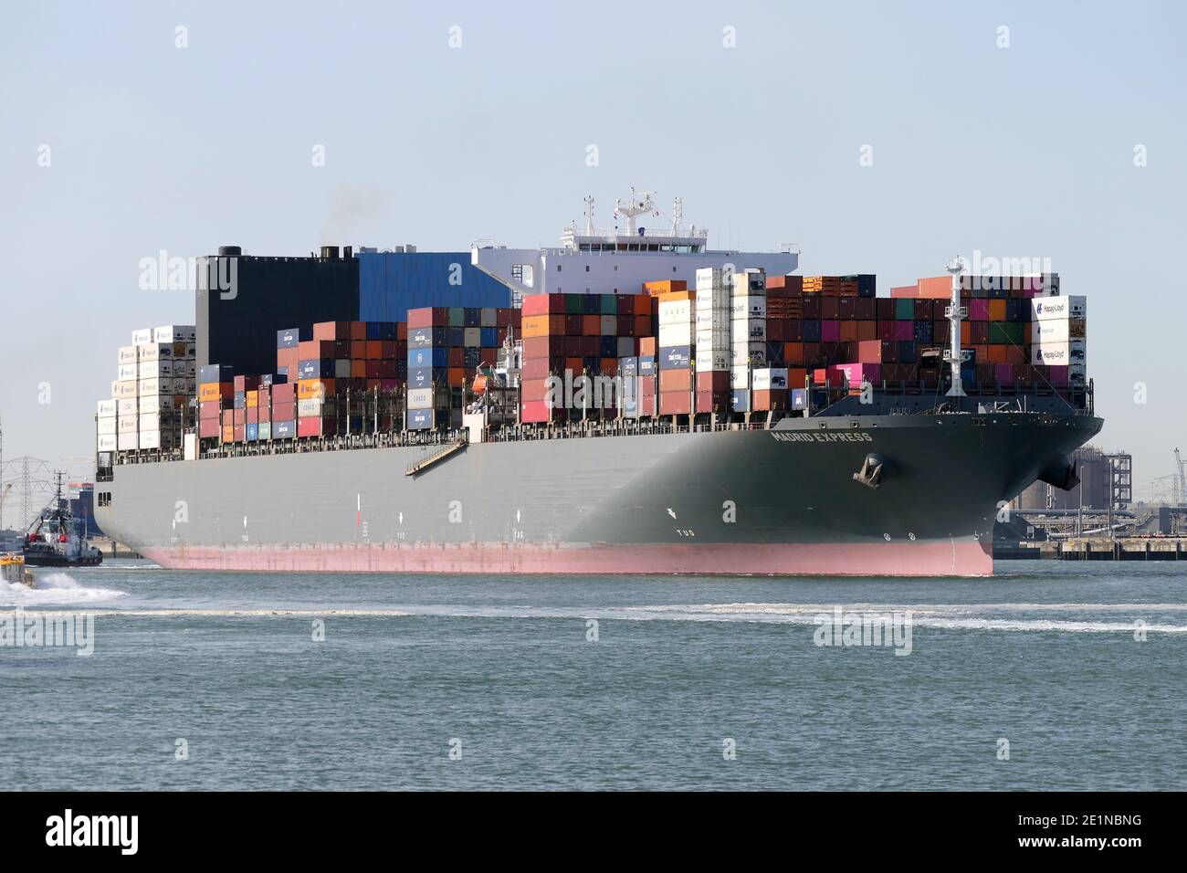 The container ship Madrid Express will leave the port of Rotterdam on September 18, 2020. Stock Photo