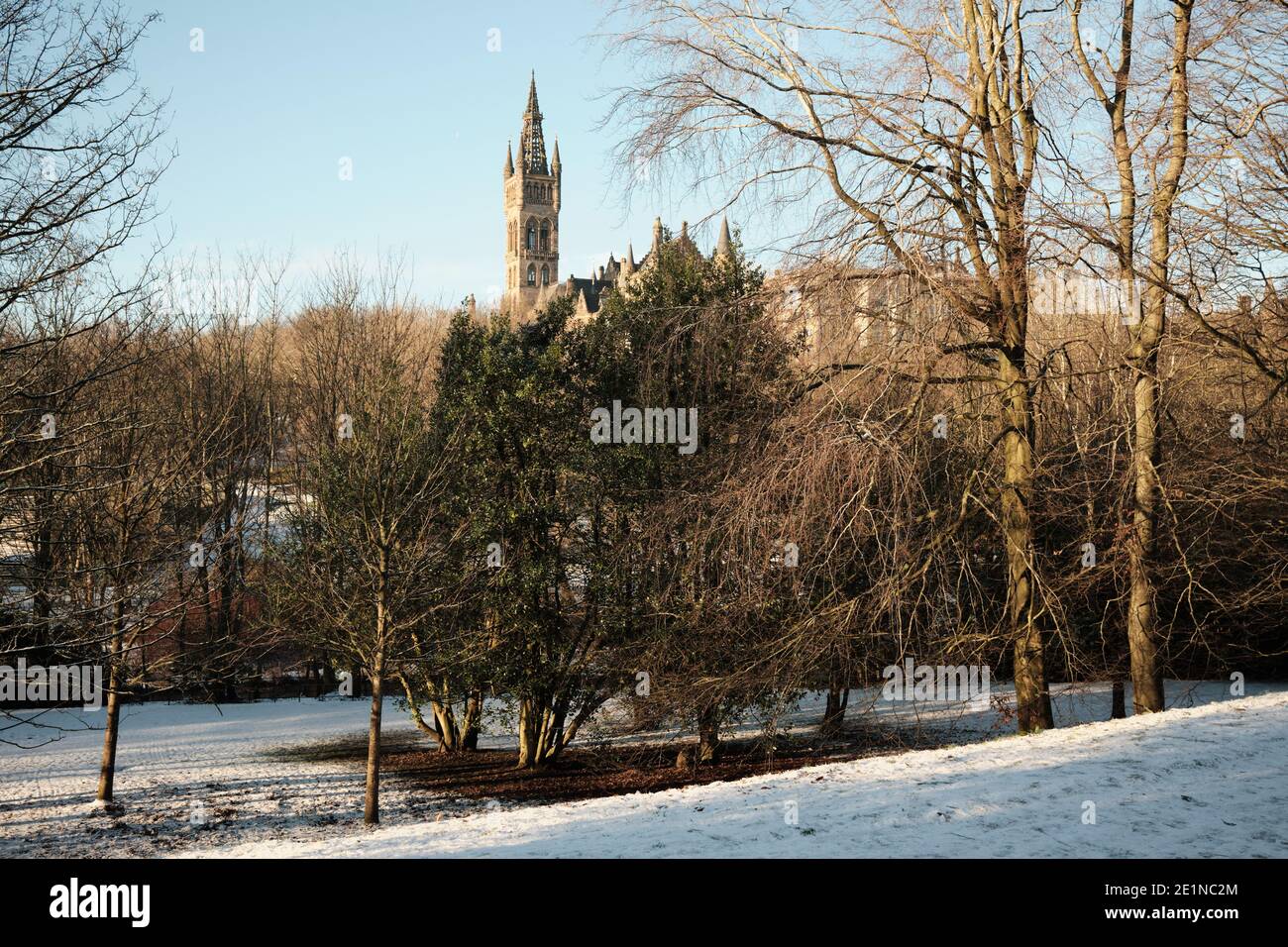 University of Glasgow tower from Kelvingrove Park. Sunny day in winter. Glasgow. January 2021 Stock Photo