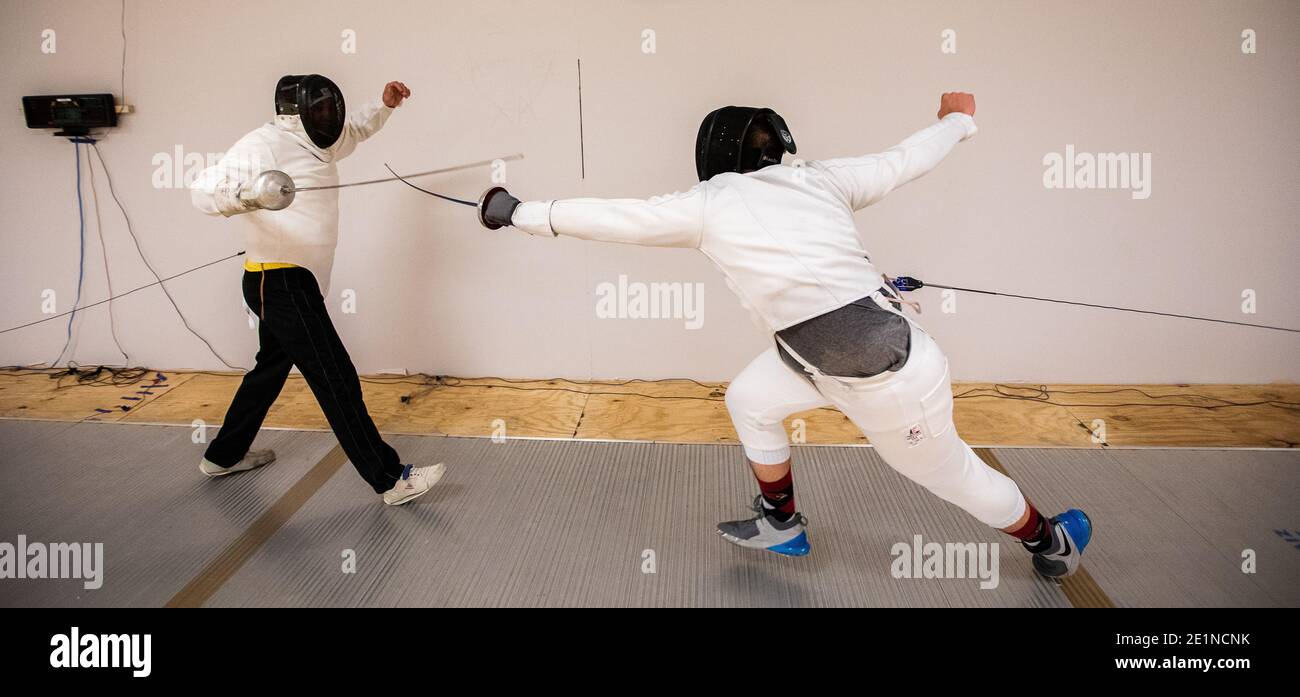 Fencing, sword fighting instruction in South Carolina Stock Photo Alamy