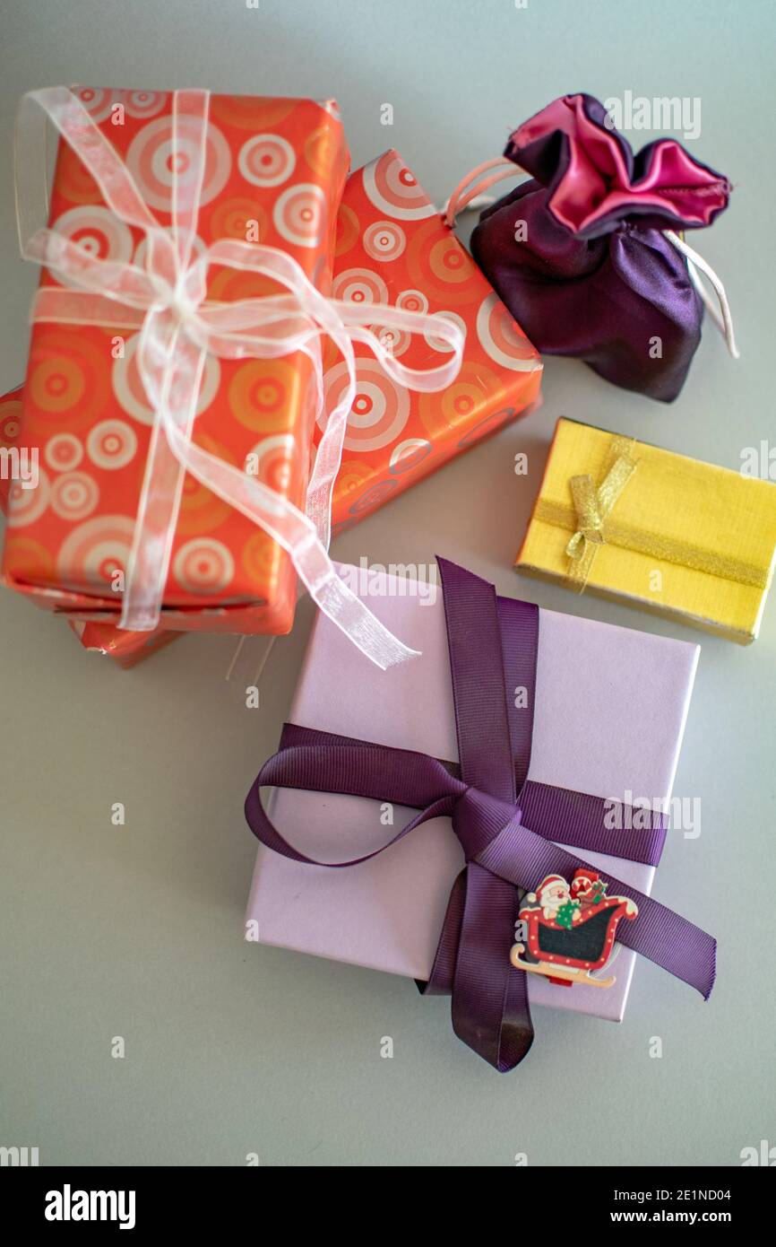 a selection of presents for a special occasion birds eye view. Stock Photo