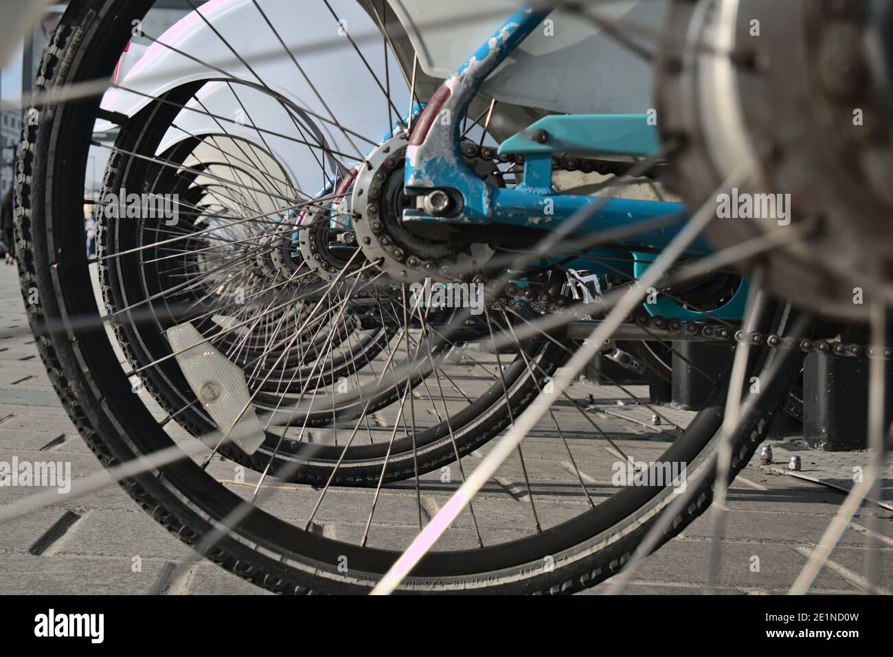 Close up a group of rubber wheel and bicycle rims. Stock Photo