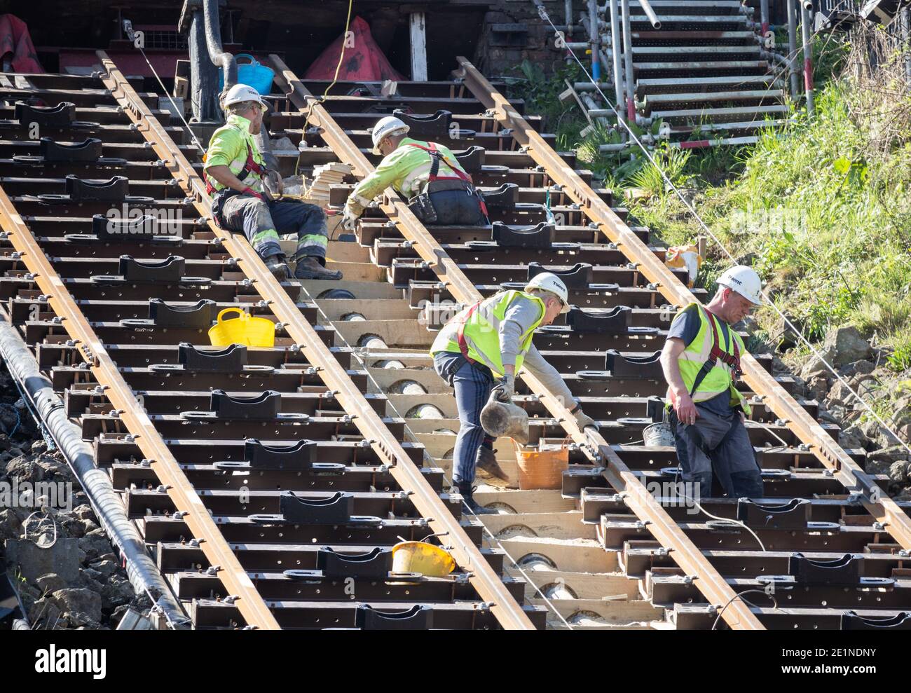 Cliffs Way Engineering Engineer working on cliff tramway at Saltburn by the Sea, North ...