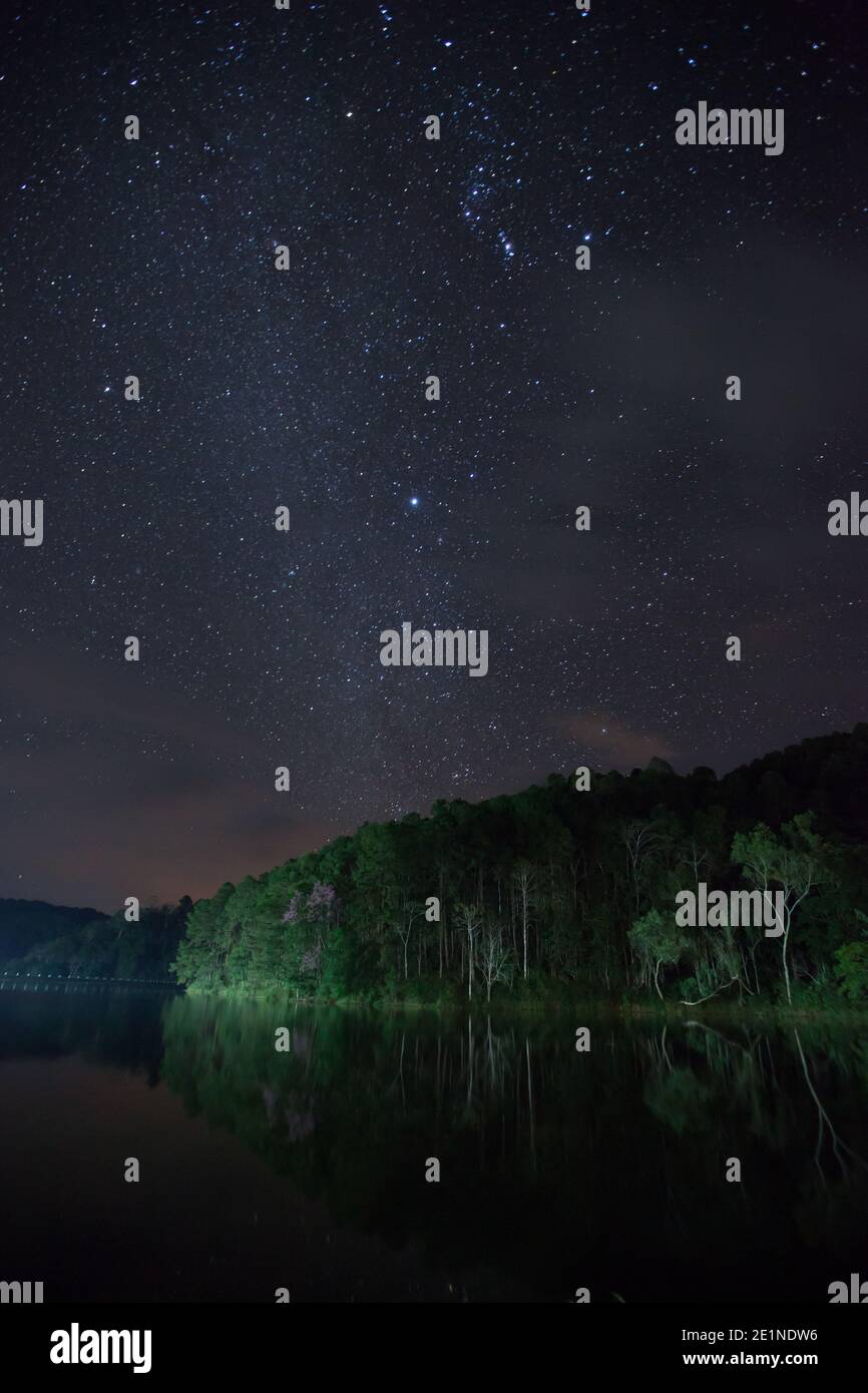 night landscape view milky way and star reflection on water in dam ...