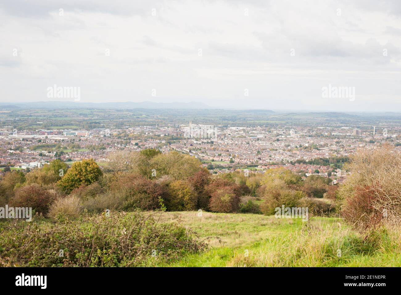 View across the city of Gloucester and beyond from the top of Robinswood Hill Country Park, Gloucester, England, UK Stock Photo