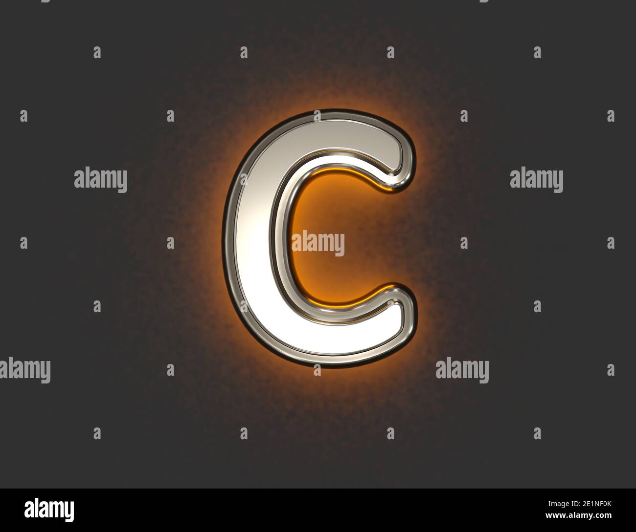 Silver metal font with outline and orange backlight - letter C isolated