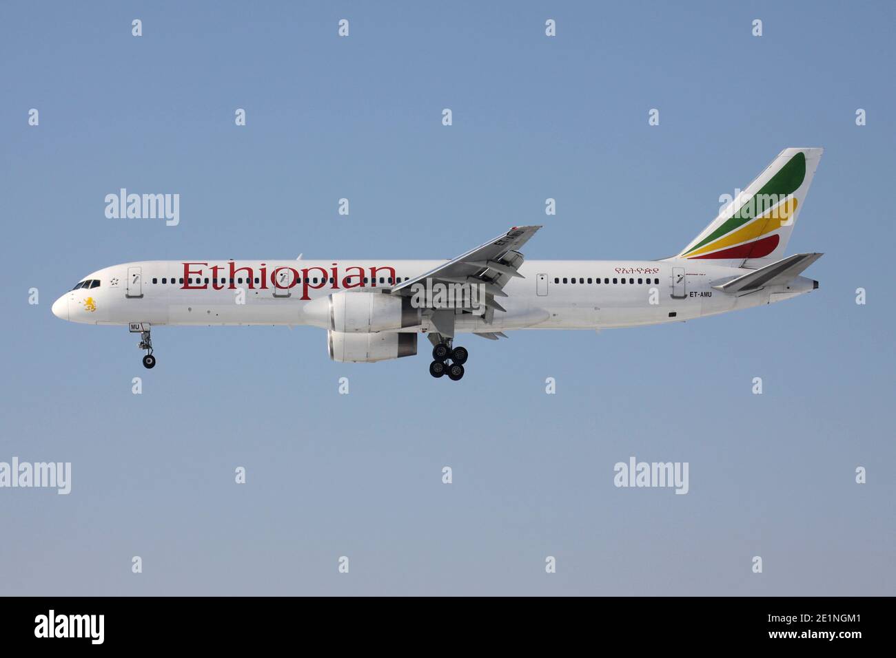 Ethiopian Airlines Boeing 757-200 with registration ET-AMU on short final for runway 25L of Frankfurt Airport. Stock Photo