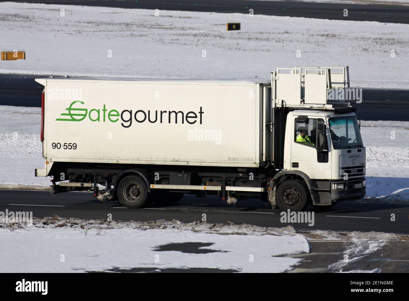 Gate Gourmet catering truck at Frankfurt Airport. Gate Gourmet is a leading global provider of airline catering and provisioning. Stock Photo
