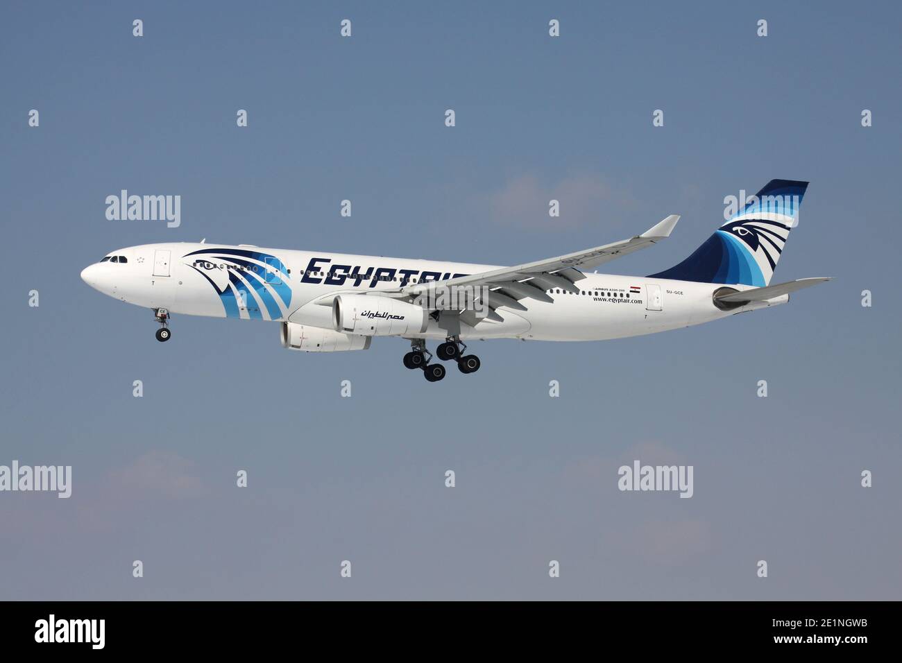 EgyptAir Airbus A330-200 with registration SU-GCE on short final for runway 25L of Frankfurt Airport. Stock Photo