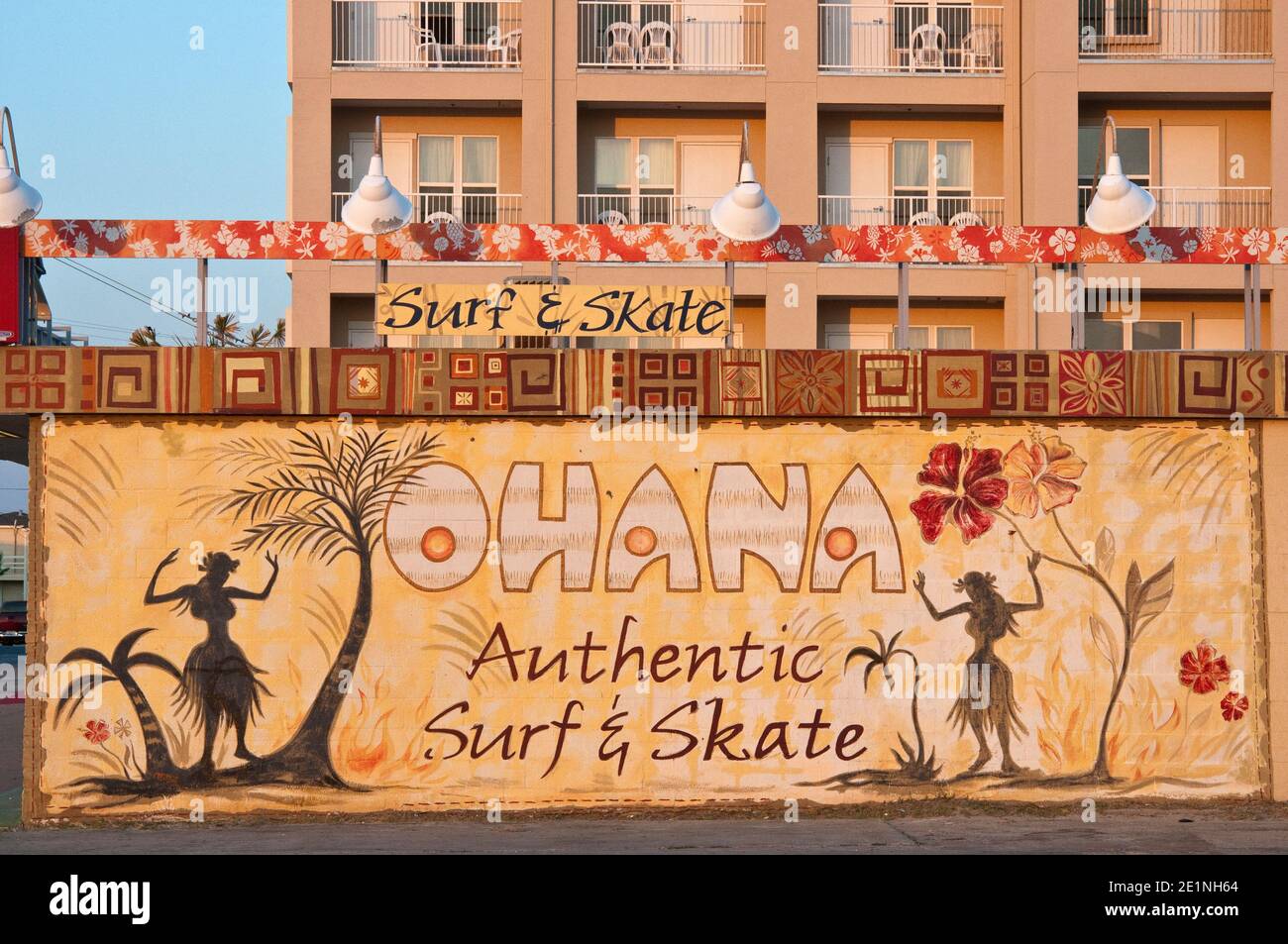 Painting on wall at Ohana Surf & Skate Shop on Seawall Boulevard facing