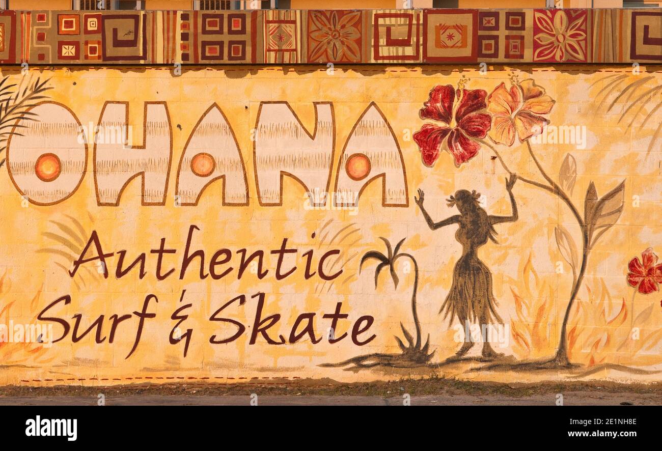 Painting on wall at Ohana Surf & Skate Shop on Seawall Boulevard facing