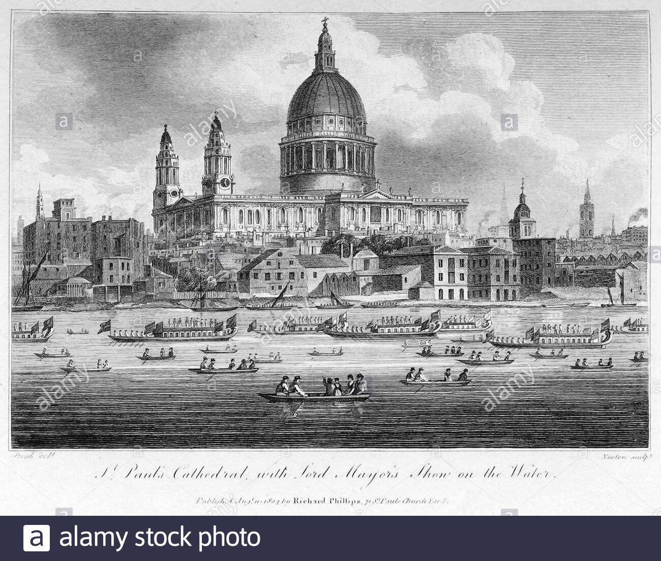 St. Paul's Cathedral with the Lord Mayor's show on the water, London England, vintage illustration from 1804 Stock Photo