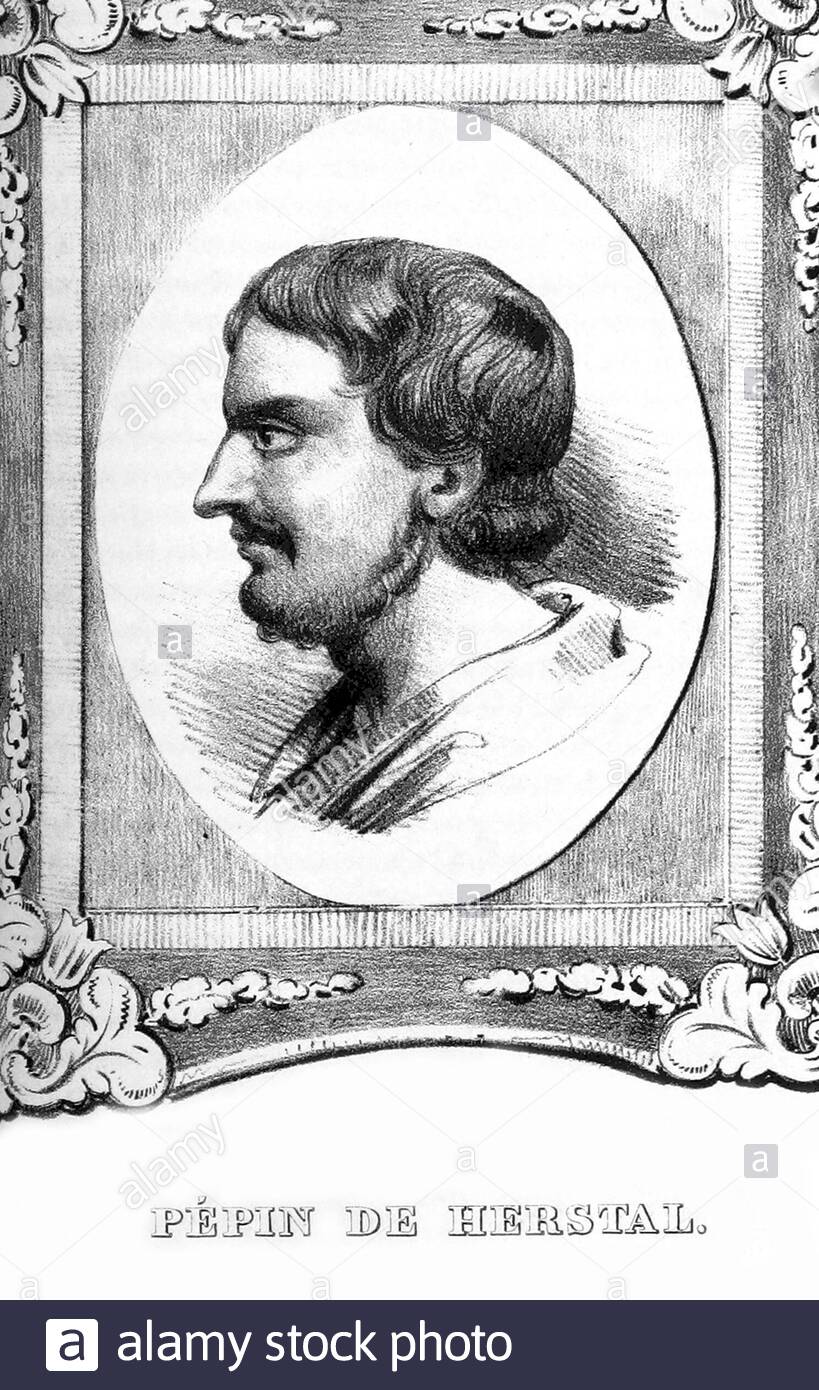 Pepin II, c635 – 714, commonly known as Pepin of Herstal, was a Frankish statesman and military leader who de facto ruled Francia as the Mayor of the Palace from 680 until his death, vintage illustration from 1835 Stock Photo