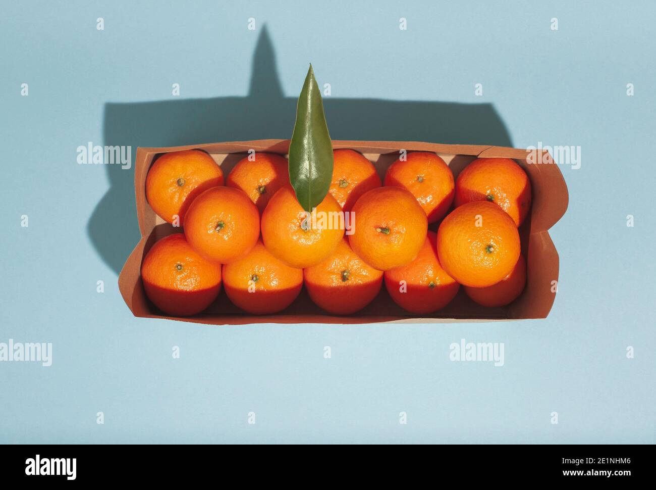 Creative layout with fresh orange tangerines in the cardboard on the  blue pastel background. Zero waste packaging. Abstract summer or winter concept. Stock Photo