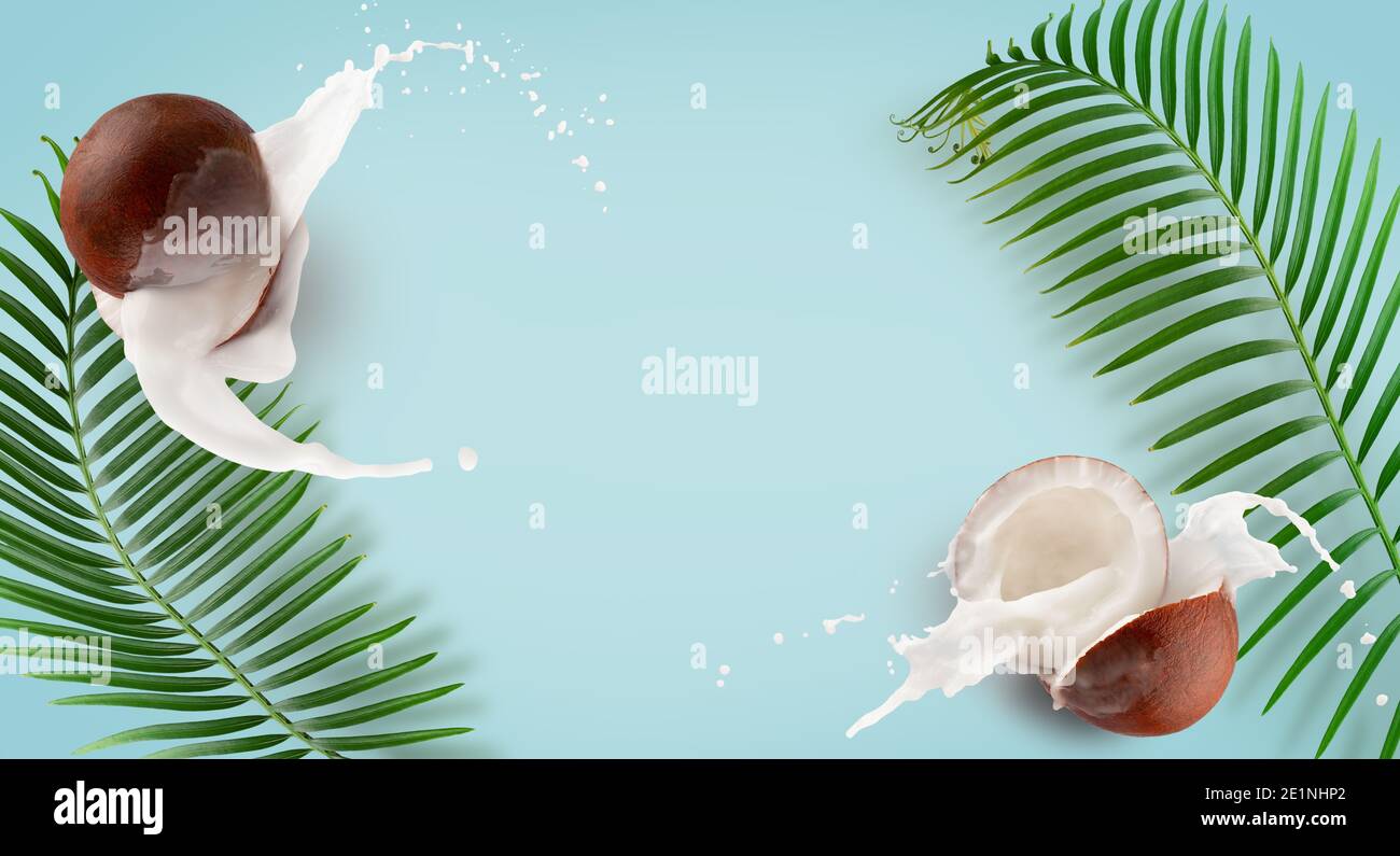 pattern with coconuts, milk splash and palm leaves on a blue background. Stock Photo