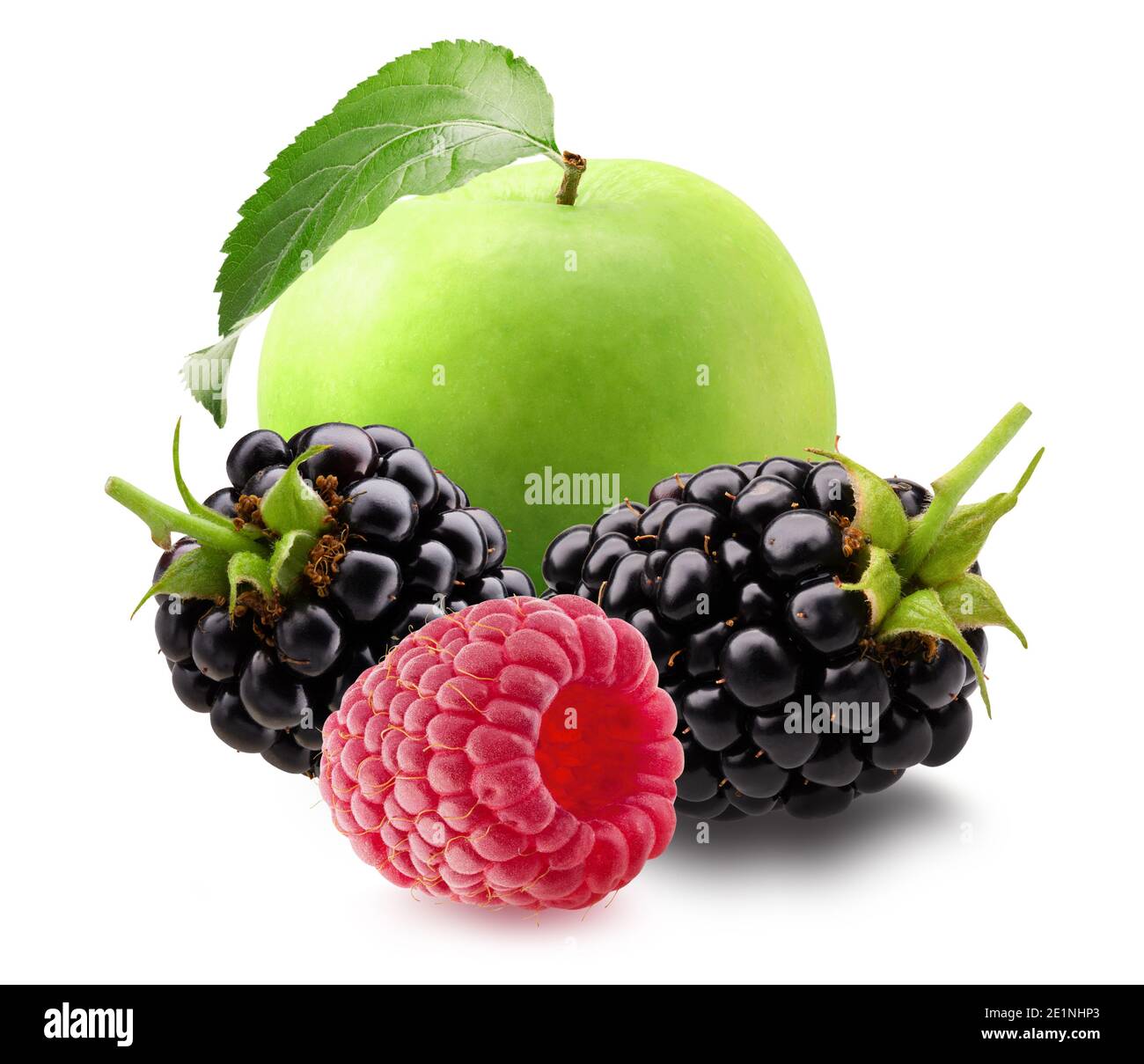 green apple with leaf, strawberry and raspberries isolated on a white ...