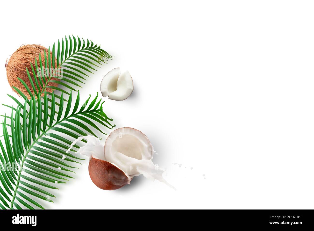 pattern with coconuts, milk splash and palm leaves isolated on a white background. Stock Photo