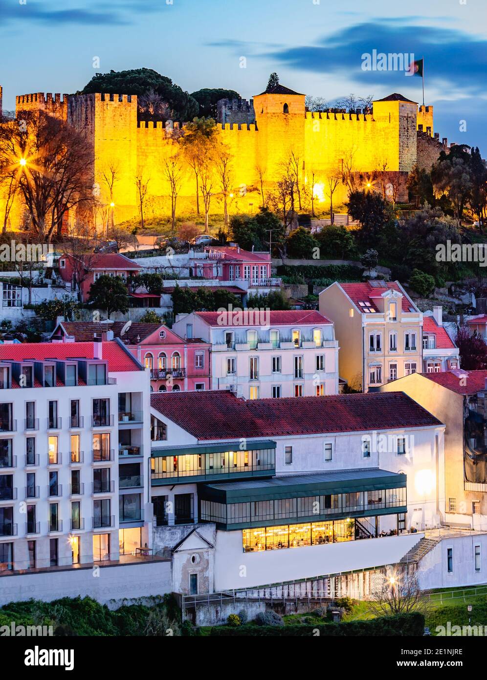Illuminated Sao Jorge historical castle is known as the medieval ...