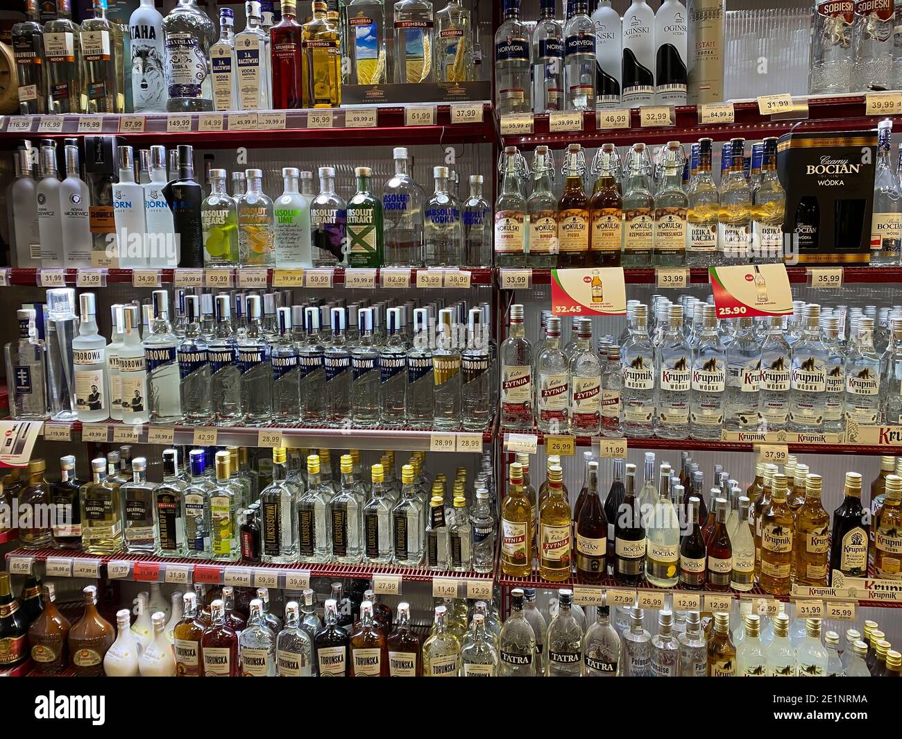 Poland, Toruń, 26 December 2020. Alcohol store with a wide selection of Polish types of alcohol. Beside foreign brands Stock Photo
