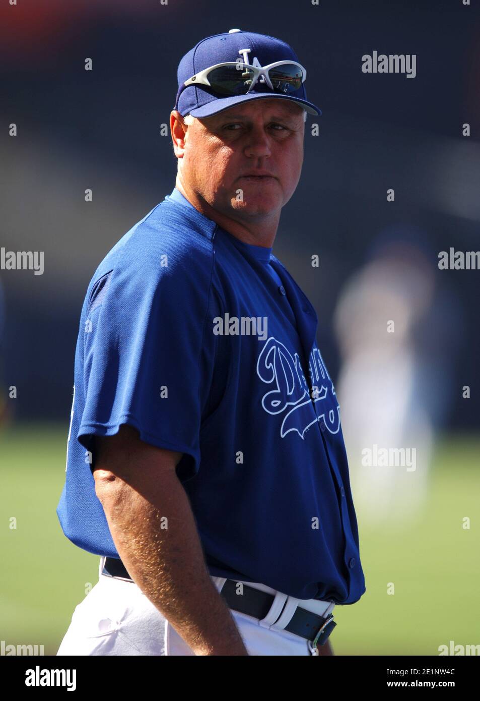 Los Angeles Dodgers bullpen coach Jon Debus during batting practice