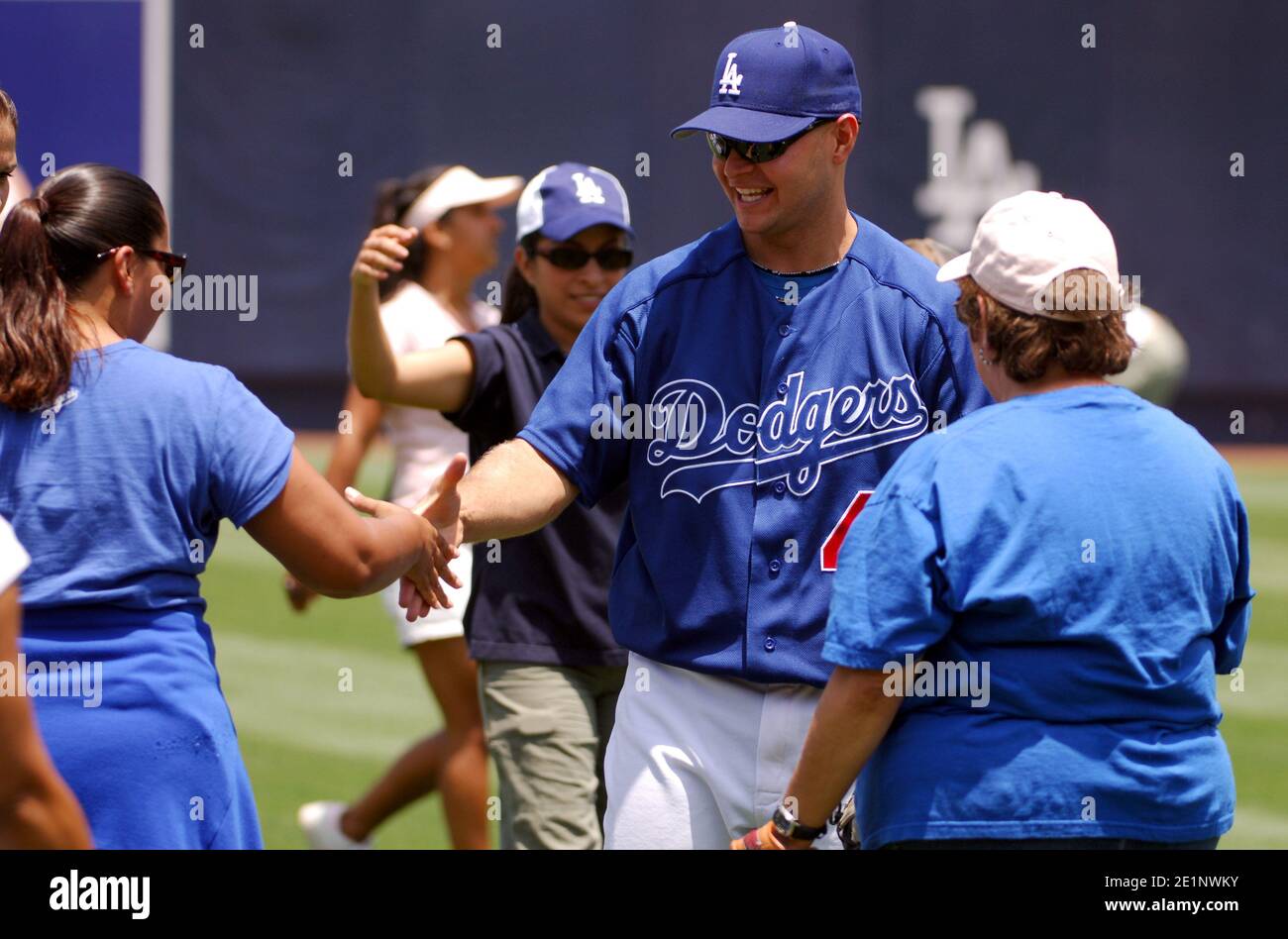 Los Angeles Dodgers outfielder Cody Ross greets women at Los Angeles Dodgers Women's Initiative & Network Baseball Clinic at Dodger Stadium in Los Ang Stock Photo
