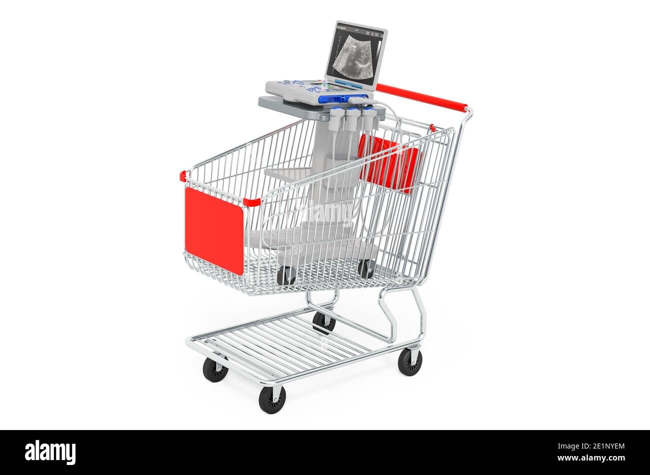 Shopping cart with ultrasound diagnostic machine, scanner. 3D rendering